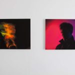 Two images in the Norwich University of the Arts Degree Show exhibition showing 2 brightly coloured BA Photography pieces