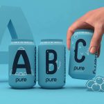BA Graphic Design work by Ben Chamberlain, Ethan Brown and Ella Flood showing packaging designs of cans with the letters A B C on each individual can