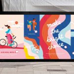 BA Graphic Design work by Erin Ruane showing a billboard with brightly coloured advertising, promoting 'Bright' a bike hire company