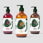 BA Graphic Design work by Lauren Kirby showing 3 bottles of mocked up Body Shop liquids with designed labels