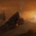 A Games art and design still showing a dusky smoky landscape with dark mountains