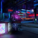 Games art and design work by Nikki Rose showing a city at night and bright neon lights