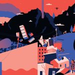 Illustration by BA Design for Publishing student Ellie Hawes. A digital, flat colour illustration using blue, pink and black colours and tints. Depicting a mountainous landscape juxtaposed with a cityscape