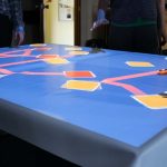 blue interactive table with yellow and red cards on top. People standing around table interacting with virtual table