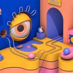 BA Animation work showing a colourful scene with a large eye and characters