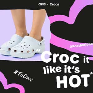 Graphic Communication Work by Sian Wong showing three posters for the ASOS Croc Restock Campaign. Printed with black backgrounds and pink/purple doodles they read 
