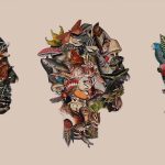 Collage of three heads made of animals and insects