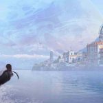 BA environment concept by Kay lee showing fantasy ships going towards a city on water with a large planet in the sky.