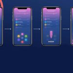 Mock up image of new app for Sky. Several phones are placed next to each other, each showing a different page of the app; all screens are a combination of blues and purples.