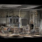 A CGI Photography image of a grand living room with fireplace, pixelated against a black backdrop.
