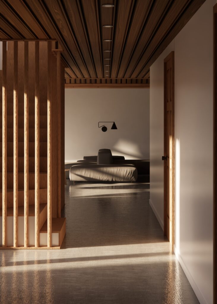 A digitally produced render of an interior design setting. The image is of a room with lots of wood paneling and harsh light and shadows. The colour pallet of the room is warm and made up of creams and browns.