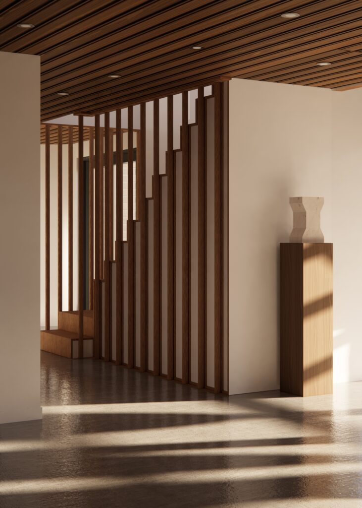A digitally produced render of an interior design setting. The image is of a room with lots of wood paneling and harsh light and shadows. The colour pallet of the room is warm and made up of creams and browns.