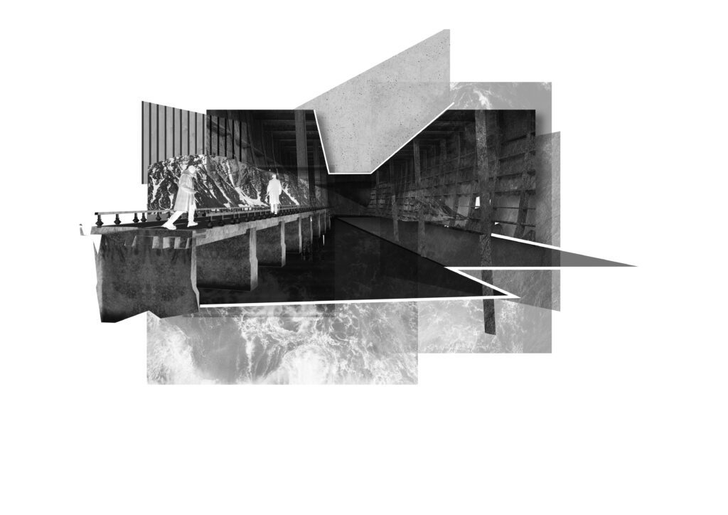 A black and white render of Desmond Laus work, BA (Hons) Interior Design student.