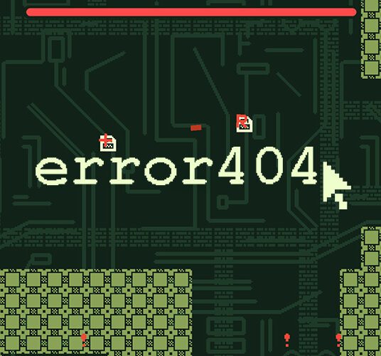 Still from game 'error404'. A dark green background has a circuit board pattern on it. In front are light green walls of a square pattern; a few little objects are flying around the screen. 'error404' is in the centre of the image in pale green text.