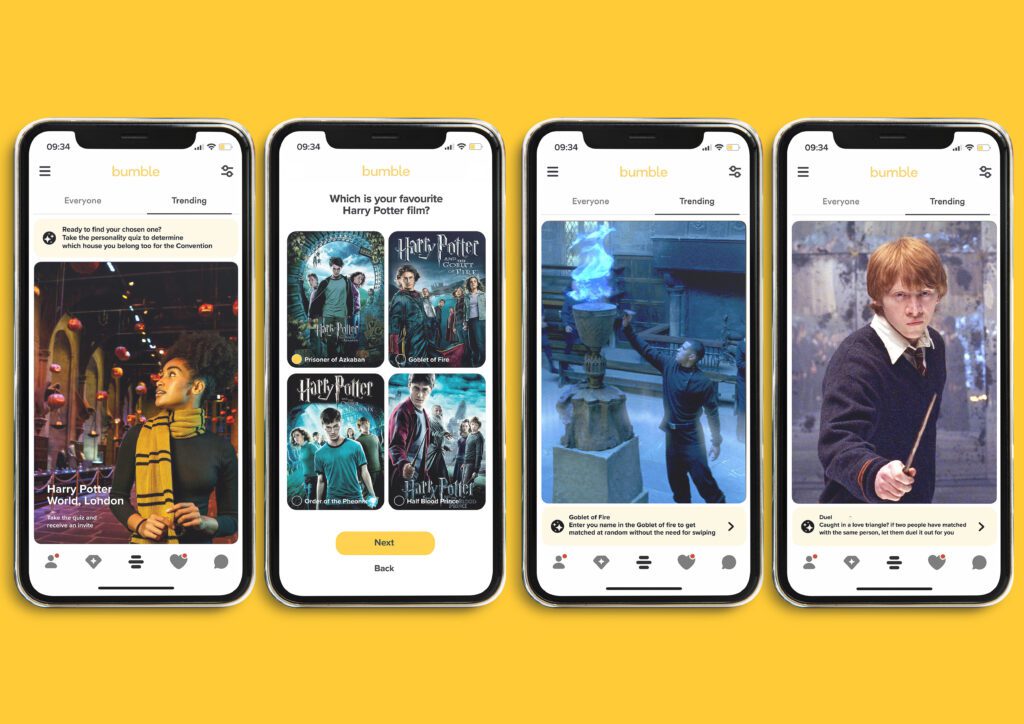 A digital mock up of a dating app between Harry Potter and Bumble. The image is of four iPhone screens displaying how the app looks. 