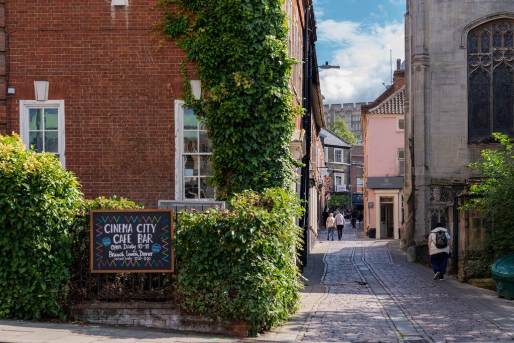 People walking along a narrow, cobblestone street lined with historic buildings in Norwich. A sign in front of a brick building covered in green vines reads "Cinema City Café Bar". The scene is bright and sunny, with blue skies.